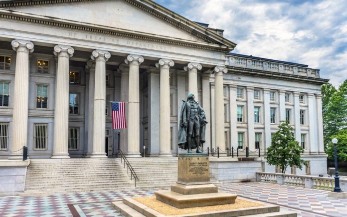 Albert Gallatin Statue US Flag US Treasury Department Washington DC