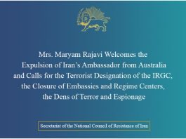 Znj. Maryam Rajavi Mirëpret Dëbimin e Ambasadorit të Iranit nga Australia Dëbimi i Ambasadorit të Iranit