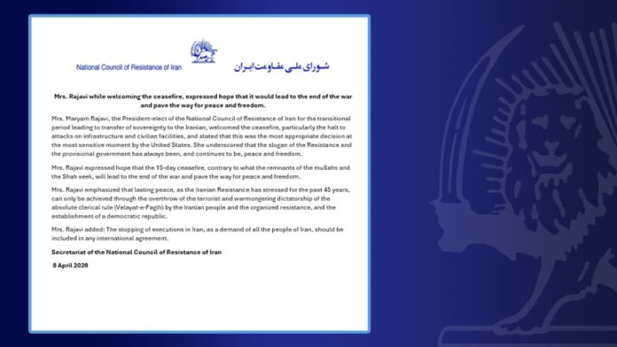 zonja-rajavi-duke-mirpritur-armepushimin-shpreh-shpresen-se-ai-do-te-coje-ne-fundin-e-luftes-dhe-do-te-hape-rrugen-per-pagese-dhe-liri Zonja Maryam Rajavi, Presidente e zgjedhur e Këshillit Kombëtar të Rezistencës së Iranit, mirëpret armëpushimin 15-ditor dhe shpreh shpresën se ai do të çojë në fundin e luftës, duke hapur rrugën për paqe dhe liri të qëndrueshme përmes rrëzimit të diktaturës klerikale. Ajo thekson ndalimin e ekzekutimeve si kërkesë popullore.